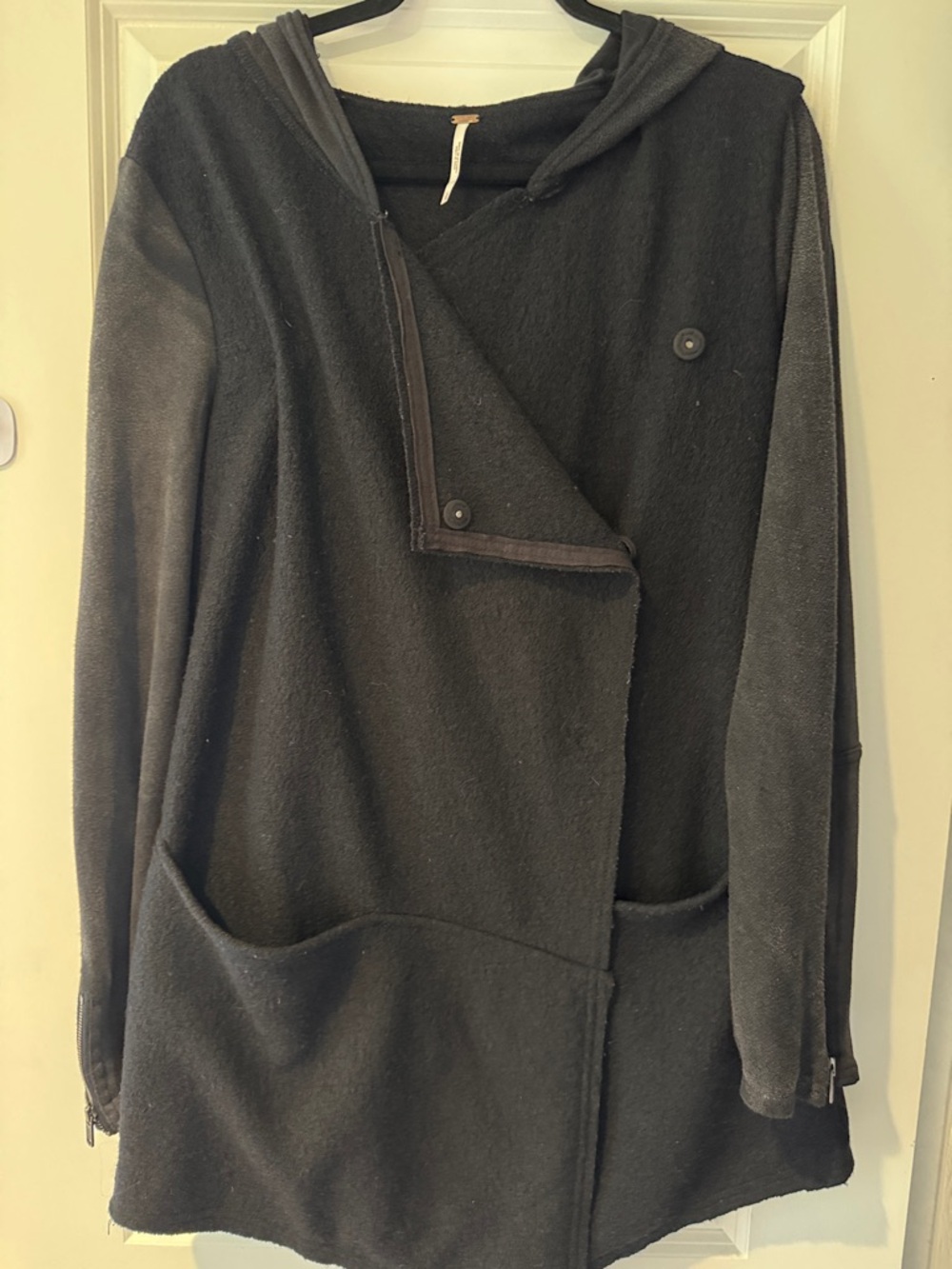 Free People Black Hooded Asymmetrical Boiled Wool Sweater Cardigan size large